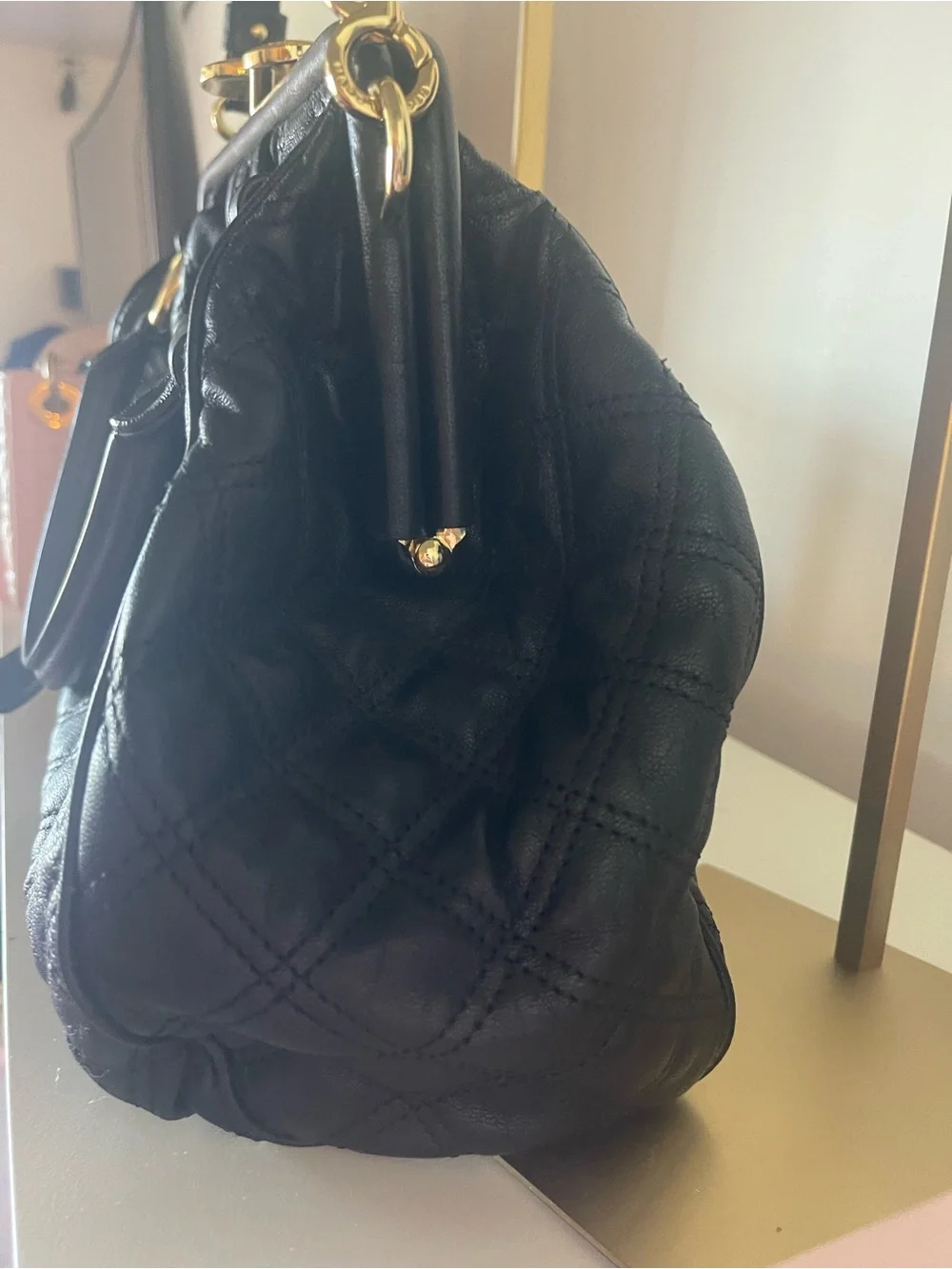 Marc Jacobs Stam Quilted Black Leather Satchel with Gold Chain Strap